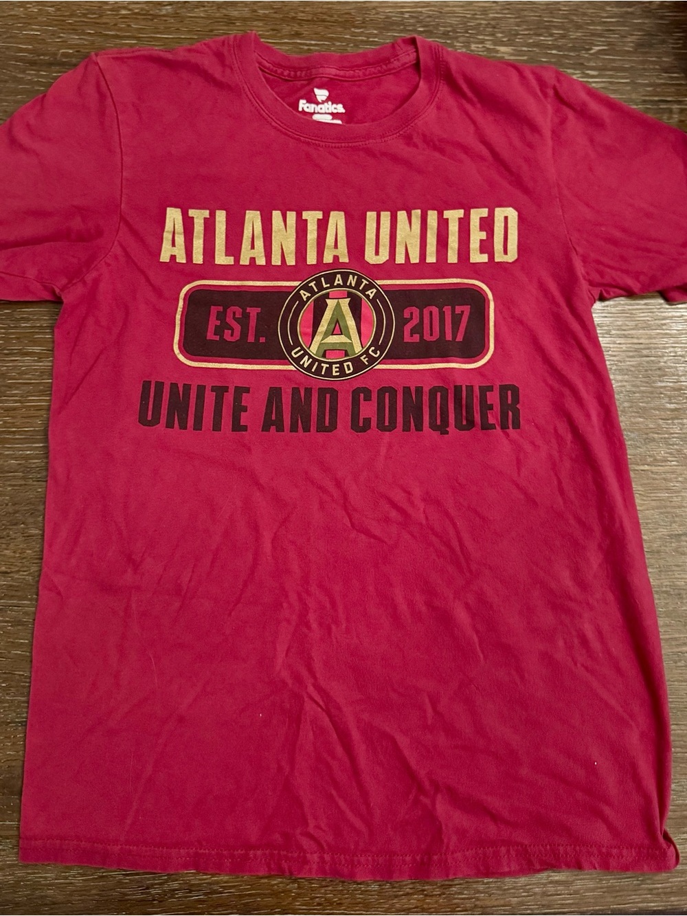 Fanatics Atlanta United Red Graphic Tee with Gold & Black Print
